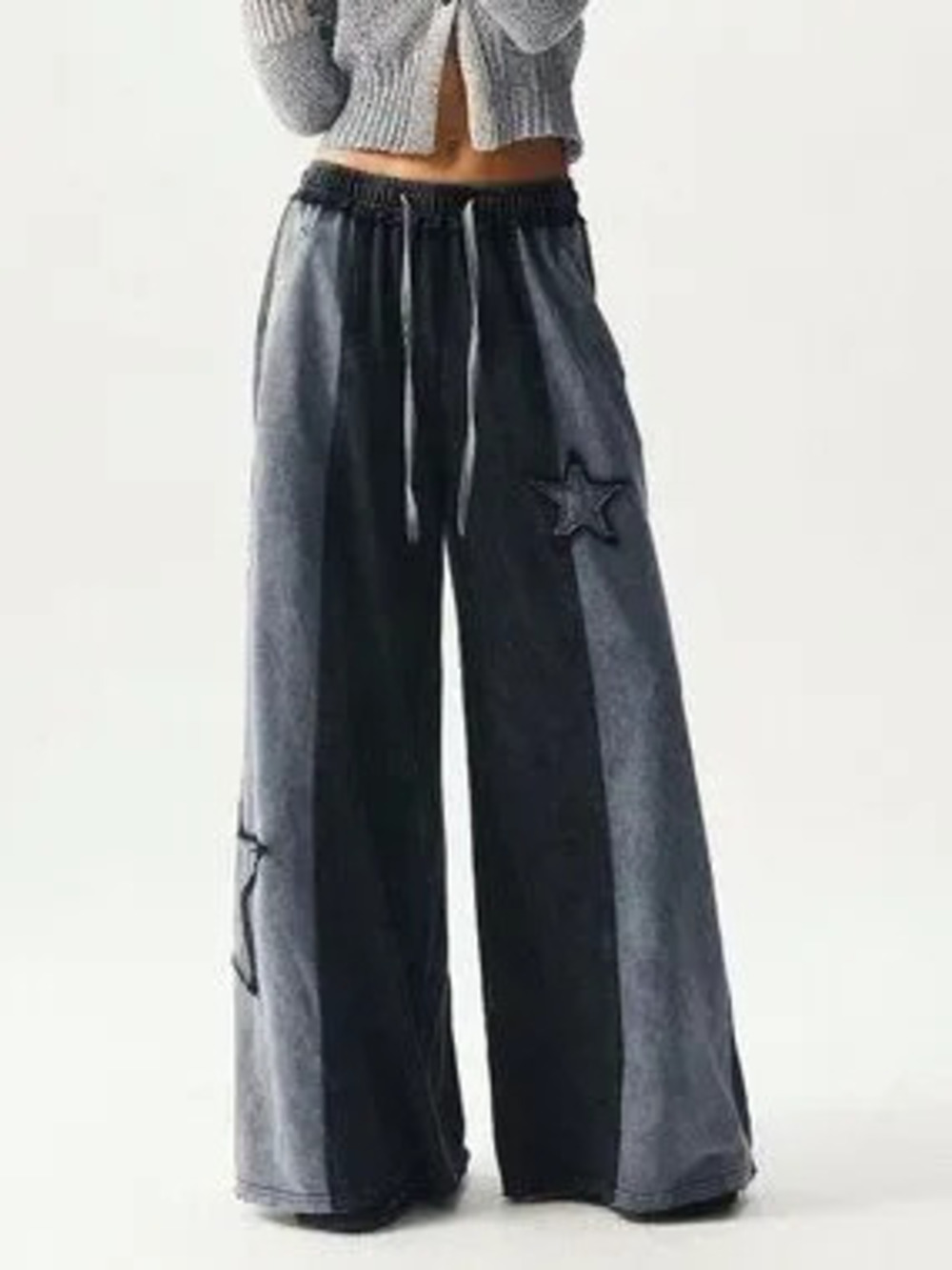 ZARA Black Casual Women's Plus Size Knit Patchwork Wide Leg Pants